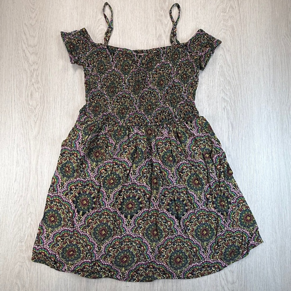 Land of Gypsies Smocked Cold Shoulder Boho Festival SunDress Multicolor‎ XL